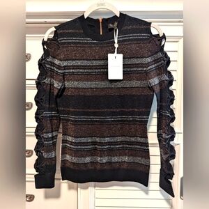 NWT Women's Ted Baker Jelinaa Striped Bow Sleeve Sweater Black Metallic US sz 4